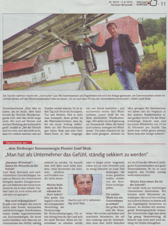 Artikel in der Kärntner Wirtschaft Suntracker